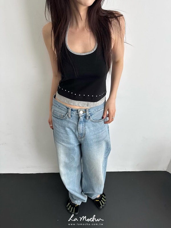 掛脖滾邊鉚釘拼色背心(闆娘.花花清單)